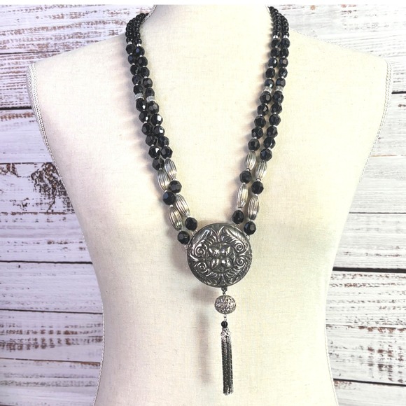 Unbranded Jewelry - Vintage Tassel Medallion Necklace Black Silver Tone Metal Victorian Goth Boho